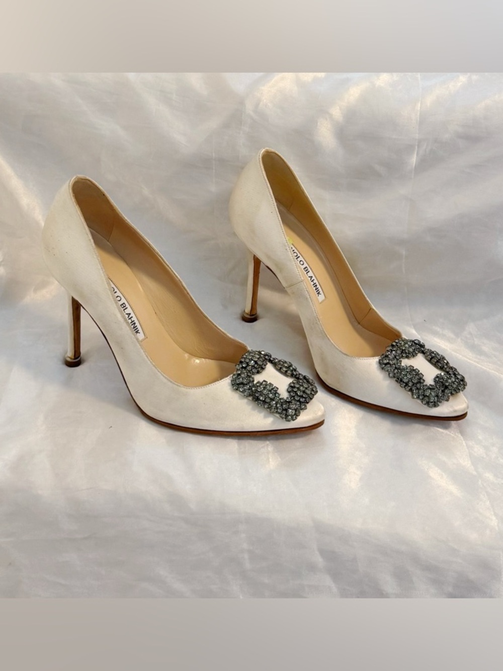 Manolo Blahnik Ivory Satin Crystal Buckle Pumps